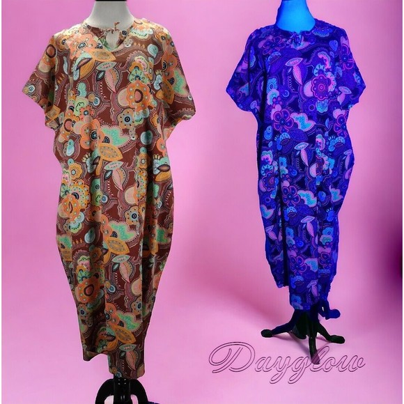Vintage 70s Volup Dayglow Caftan Kaftan Size 1X/2X  Floral Acrylic Barkcloth - Picture 1 of 11